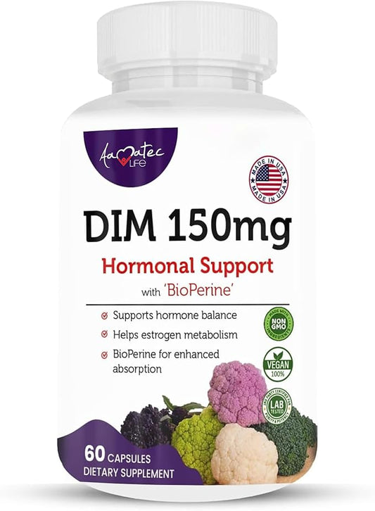 Women’s DIM Complex 150mg - Bioperine Estrogen Balancing Pills for Menopause & Hot Flashes Relief Support Hormonal Acne Powerful Supplement - 60 Capsules - Made in USA