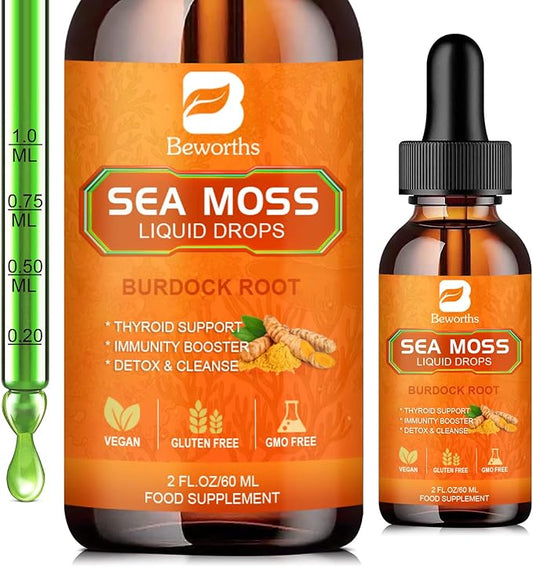 Sea Moss Liquid Drops - Organic Irish Sea Moss Raw Gel with Burdock Root, Tumeric, Spirulina, Seamoss Gel Supplement for Immune, Joint, Digestive Support - 2 Fl Oz, Vegan