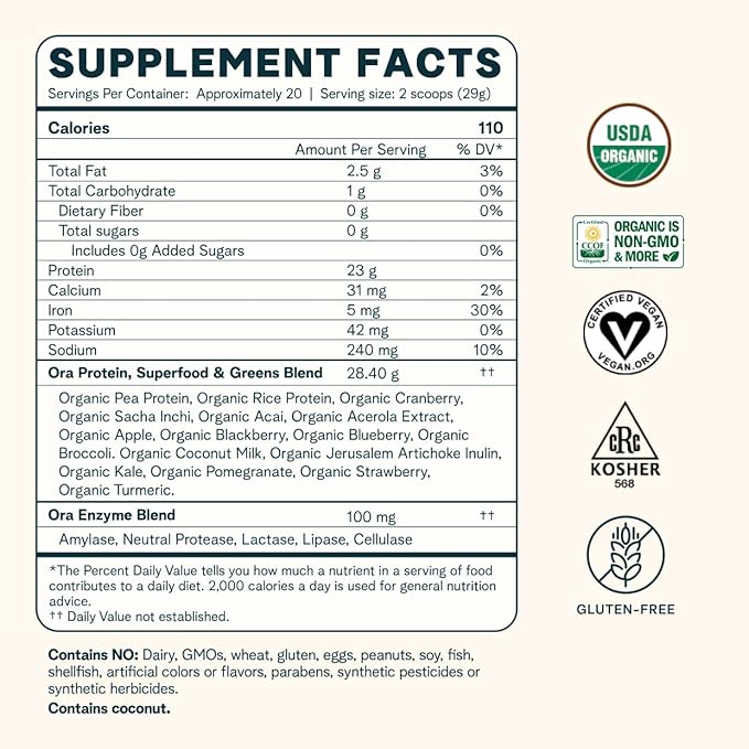 Ora Organic Vegan Protein Powder - 23g Plant Based Pea Protein + Superfood for Women and Men - Unsweetened 20 Servings, No Erythritol, Digestive Enzyme, Keto-Friendly, Gluten-Free, Paleo, Soy-Free