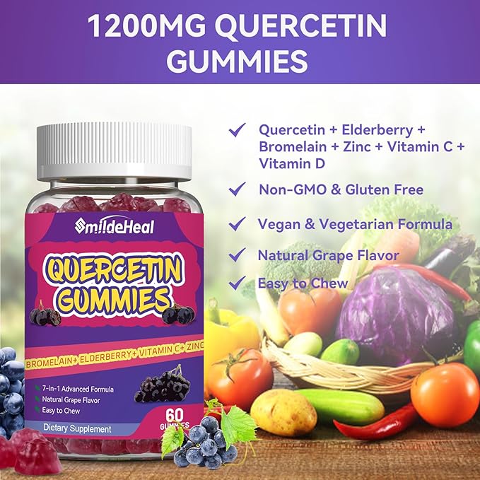 2 Pack Quercetin Gummies 1200MG, Quercetin Gummies with Bromelain, Zinc Vitamin C, Immune System Vegan Gummy for Adult & Kid, 120 Vegan