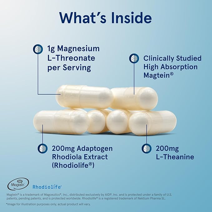Jarrow Formulas Magnesium L-Threonate, MagMind Stress Resistance with L-Theanine and Rhodiolife, High Absorption Magnesium, Stress Relief and Mood Support, 60 Veggie Capsules, Up to a 30 Day Supply