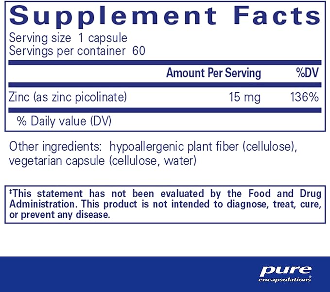Pure Encapsulations Zinc 15 mg - Zinc Picolinate Supplement for Immune System Support, Growth & Development - for Wound Healing - 60 Capsules