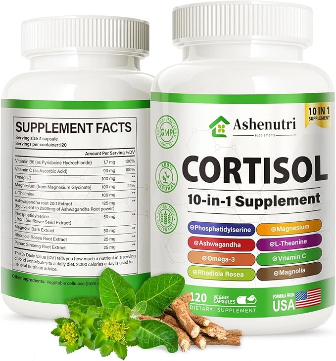 10-in-1 Cortisol Supplement with Magnesium,Ashwagandha,Rhodiola Rosea,L Theanine,Hormone Balance for Women 120 Vegan Capsules