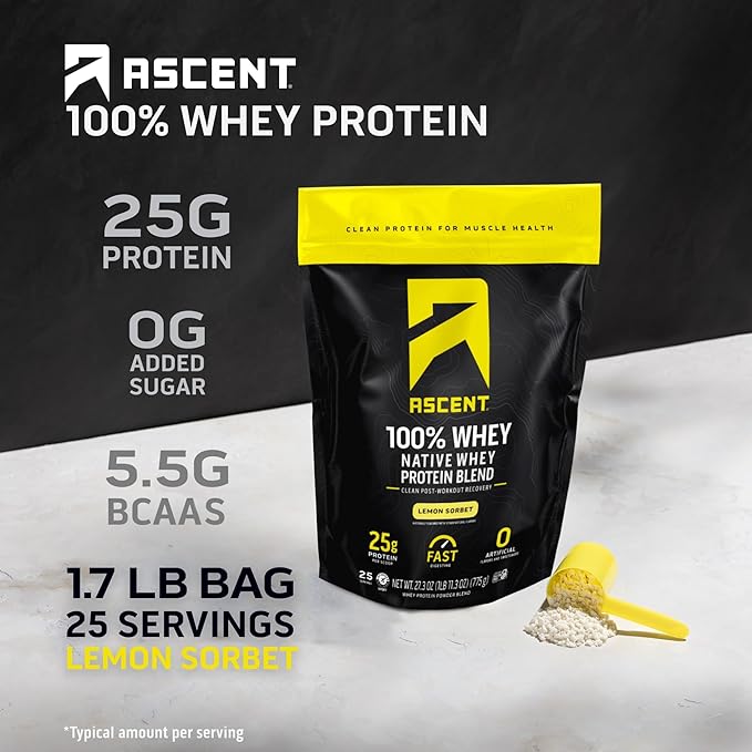 Ascent 100% Whey Protein Powder - Post Workout Whey Protein Isolate, Zero Artificial Flavors & Sweeteners, Gluten Free, 5.5g BCAA, 2.6g Leucine, Essential Amino Acids, Lemon Sorbet 1.7 lb