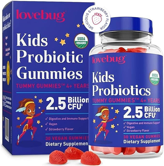 Lovebug Kids Probiotic Gummies – Organic Chewable Probiotics for Kids Aged 4+, Soil-Based Children’s Probiotic for Gut Health, Constipation, Digestive & Immune Support, Vegan, 30 Chews, Strawberry
