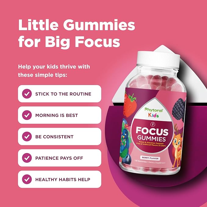 Phytoral Vegan Kids Focus Gummies - Potent Chewable Brain Support for Children - Enhances Concentration & Memory - Calming Supplements & Focus Gummies for Kids - Non-GMO & Gluten-Free - 120 Count