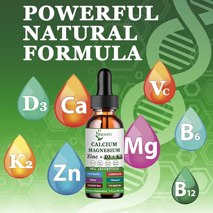 Calcium Magnesium Zinc Liquid Drops, Liquid Magnesium Glycinate 500mg Calcium 1000mg with Vitamin D3,K2,B6,B12,Coq10 for Bone Strength, Muscle Function,6X Stronger Than Gummies Capsules