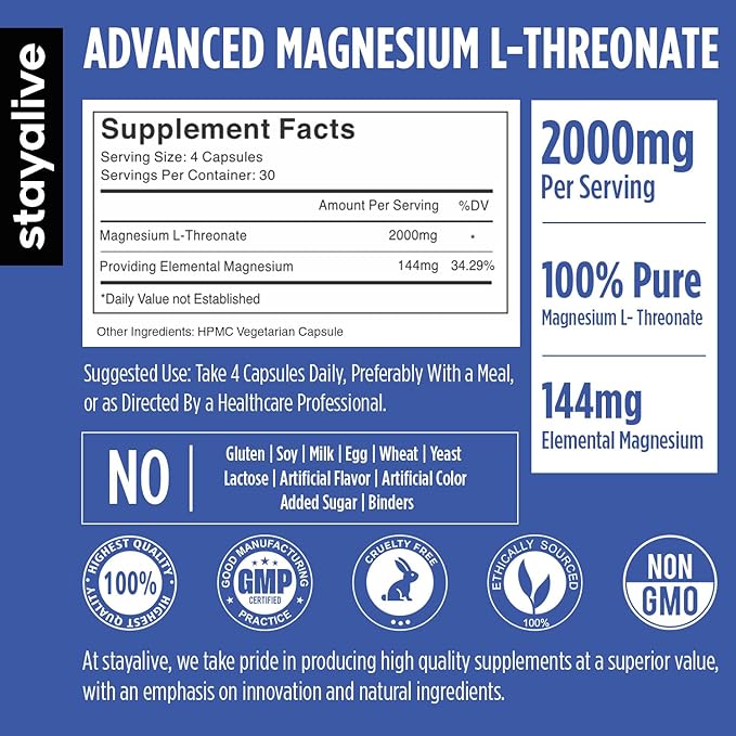 STAY ALIVE Pure Magnesium L-Threonate Supplement 2000mg, Chelated, High Absorption, 120 Capsules w/Elemental Magnesium Powder, Non-GMO & Gluten Free L-Threonate Complex for Women and Men