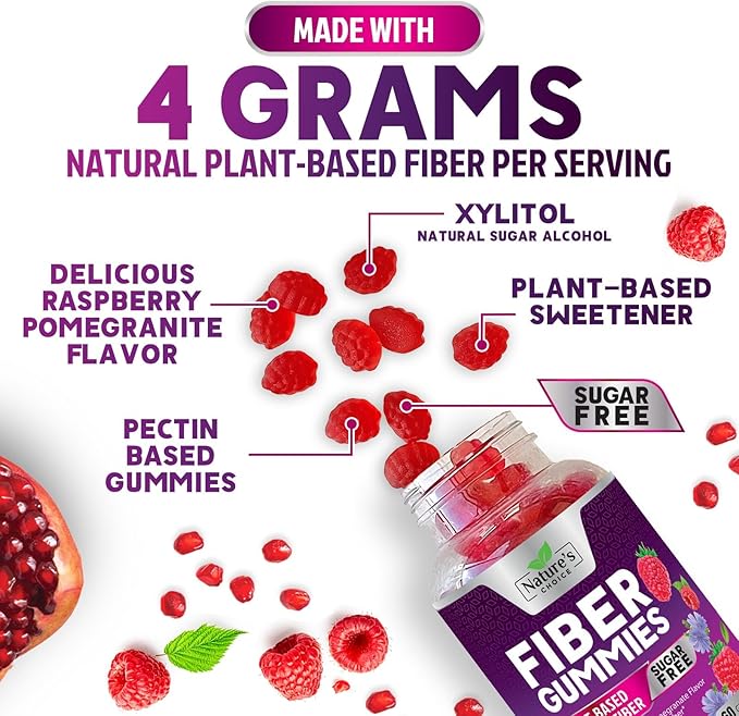 Sugar Free Fiber Gummies for Adults, Daily Prebiotic Natural Soluble Fiber Supplement & Digestive Health Support - Regularity & Digestion Health Support, Plant Based Berry Flavor - 60 Gummies