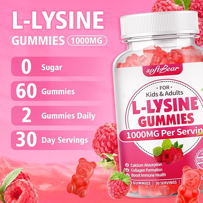 softbear L-Lysine Gummies for Adults & Kids, L Lysine 1000mg Chewable Lysine Supplement for Lips & Oral Health, Immune & Collagen Support, Vegan, Non GMO, Gluten-Free, Raspberry Flavor 60 Count