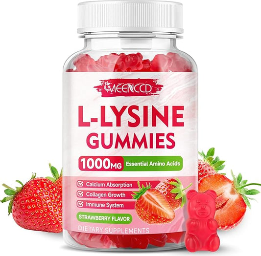 L-Lysine 1000mg Gummies, Lysine Supplement for Adults & Kids, Essential Amino Acid Supplement for Oral & Lips Health, Boost Immune & Calcium & Collagen, Sugar-Free, Strawberry Flavor, 60 Count