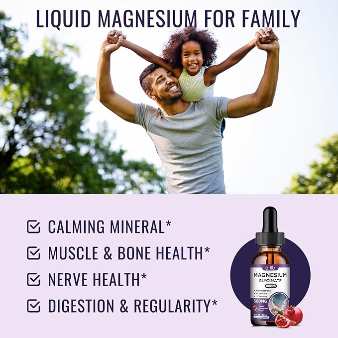 Magnesium Glycinate Liquid Drops 500mg, with Vitamin B6, Ashwagandha, L - Theanine, Chamomile, Magnesium Glycinate Supplement High Absorption for Sleep, Stress, Energy, Mood - Pomegranate Flavor