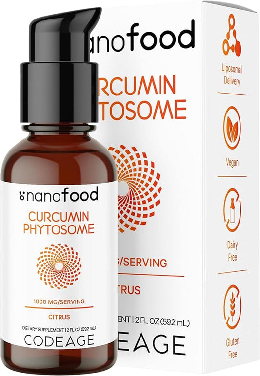 Codeage Liposomal Curcumin Phytosome Liquid Supplement, Turmeric Curcumin Vegan Liquid Drops, Plant-Based Curcuma Longa Dropper, Curcumina, Sunflower Phospholipid, Sugar-Free, Citrus Flavor, 2 fl oz