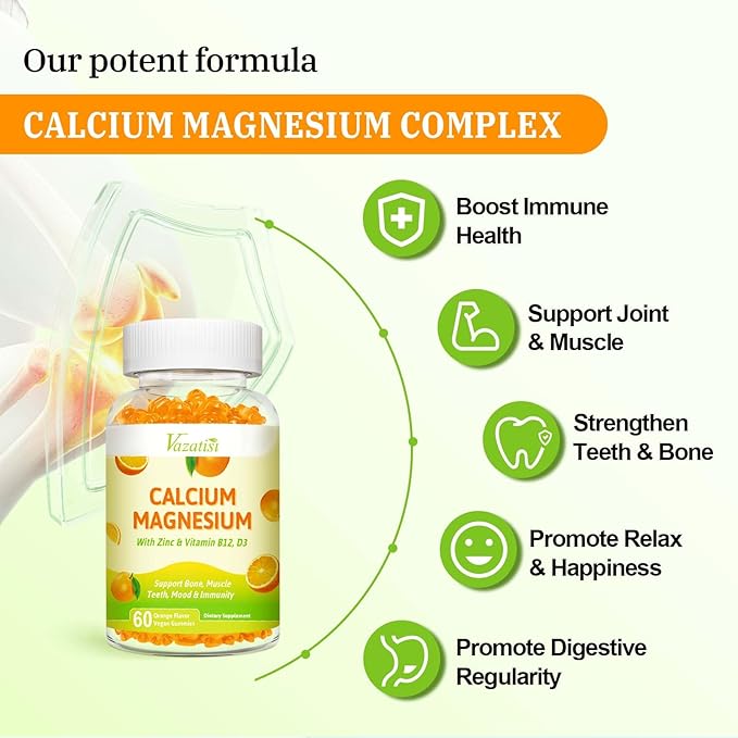 Calcium Magnesium Zinc Gummies, Calcium Magnesium 2:1 Ratio with Vitamin D3 & B12 for Support Muscle, Mood and Immunity, 60 Vegan Orange Flavor Gummies
