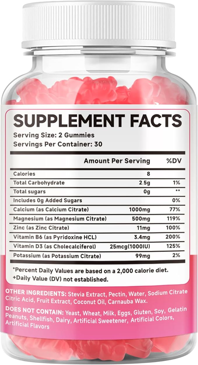 Calcium Citrate Gummies 1000mg w/Vitamin D3, High Absorption Calcium Supplement for Women & Men, Plus Magnesium, Potassium, Zinc for Muscle & Immune, Sugar-Free, Raspberry Flavor, 60 Count