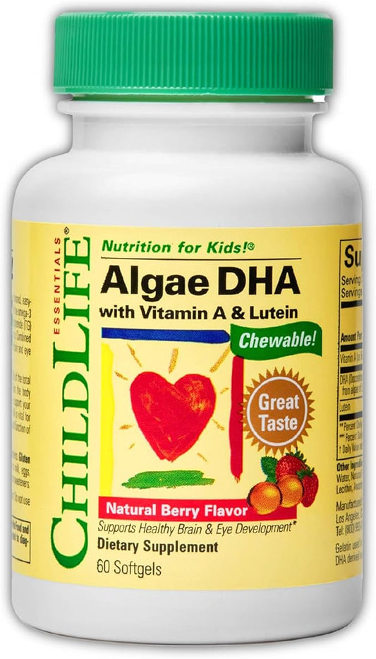 ChildLife Essentials Algae DHA for Kids - Omega 3 Supplement & Fish Oil Alternative - Algae Oil for Toddlers & Children - Natural Berry Flavor, 60 Chewable Softgels