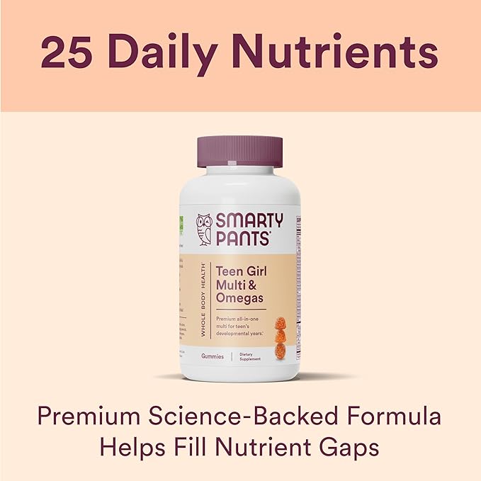 SmartyPants Teen Girl Multivitamin Gummies: Omega 3 Fish Oil (EPA/DHA), Vitamin C, D3, B12, Vitamin A, K & Zinc, Gluten Free, Includes Biotin to Support Hair, Skin & Nails, 90 Count (22 Day Supply)