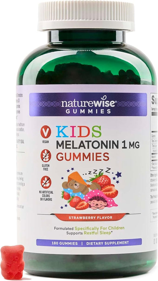 Naturewise Kids Melatonin Gummies 1 mg - Drug-Free, Non-Habit Forming Sleep Aid for Children Ages 4 & Up - Strawberry Flavored Gummy Bears - Vegan, Gluten Free, Non-GMO - 180 Count[6-Month Supply]