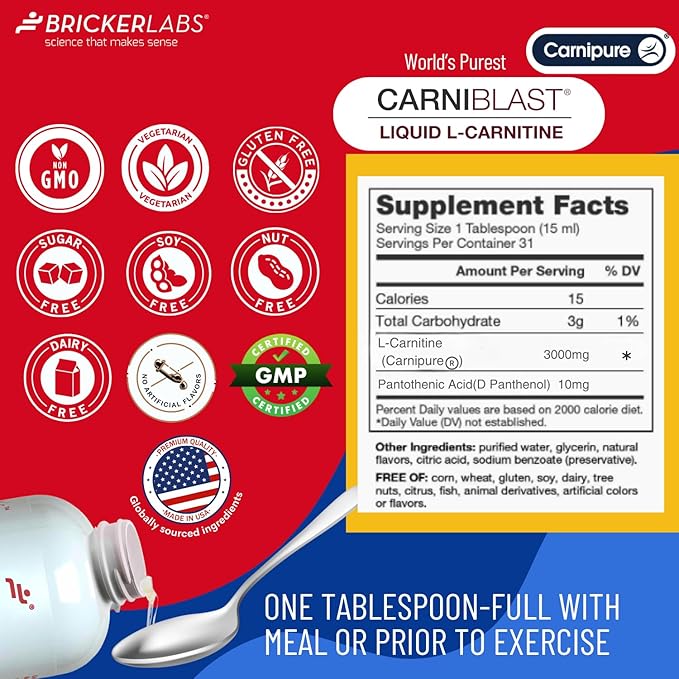 CARNIBLAST Liquid L-Carnitine 3000mg, Premium L Carnitine Carnipure, Energy Nutrition, Energy Supplement and Energy Booster, Raspberry, 16 fl oz