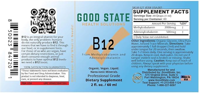 Good State Vitamin B12 Liquid Mineral Supplement | Vegan, Organic and Professional Grade B12 Vitamins Sublingual Liquid | Nano-Ionic for Optimal Absorption | 2 Fl oz Bottle