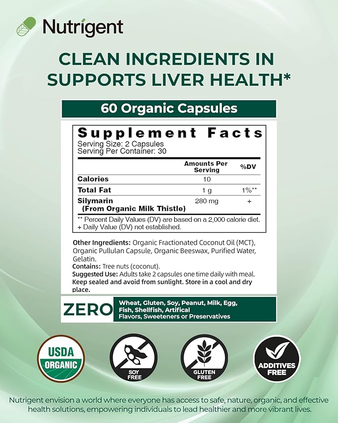 USDA Organic Milk Thistle Supplement 25:1 Extract, 8750 mg Strength, Silymarin Supplement 280 mg, Liquid Organic Capsules, Liver Health & Detox Support, Non-GMO, 60 Count