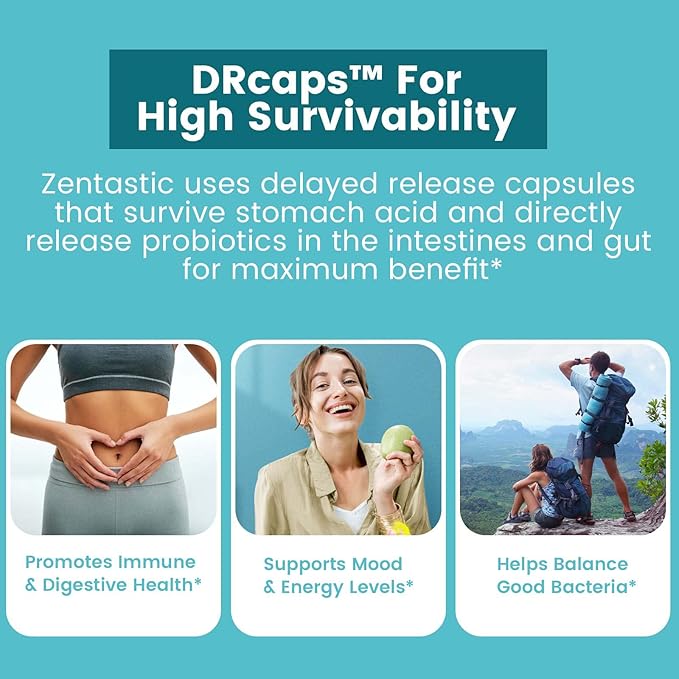 Zentastic Probiotics & Prebiotics Supplement - 50 Billion CFU - for Men & Women’s Immune & Digestive Health - 16 Strains - Shelf Stable - 300 Delayed Release Veggie Capsules