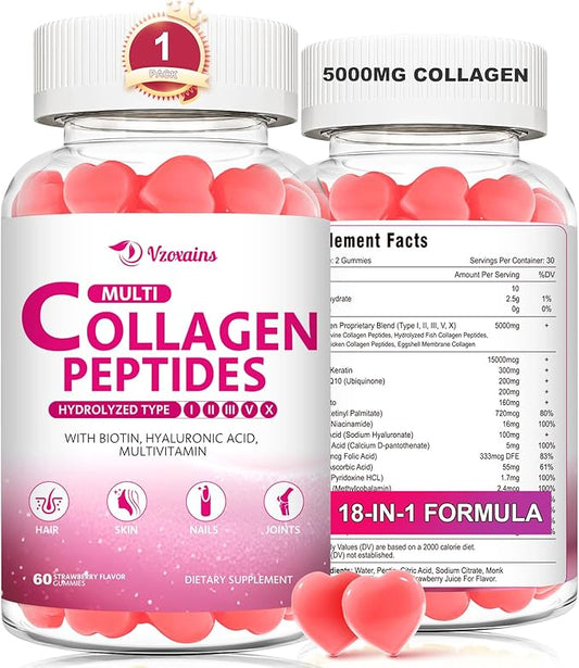 Multi Collagen Peptides Gummies, Collagen Gummies for Women & Men, Type I,II,III,V,X Protein with Biotin, Hyaluronic Acid, Vitamin C for Healthy Skin Support, Strawberry Flavored, Sugar Free, 60Cts