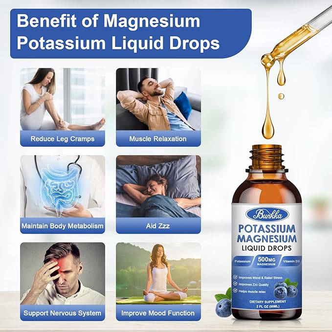 Potassium Magnesium Liquid Drops Supplement with Potassium, Magnesium,Calcium, Vitamin D3, Zinc, for Leg Cramps, Energy, Metabolism, for Adult and Kid,Sugar Free