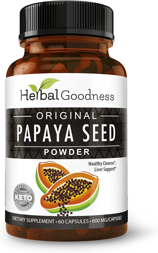 Herbal Goodness Papaya Seeds Capsules 60ct - Supports Gut and Digestive Health -100% Natural Body Detox Cleanse and Colon Broom Formula - 1 Pack