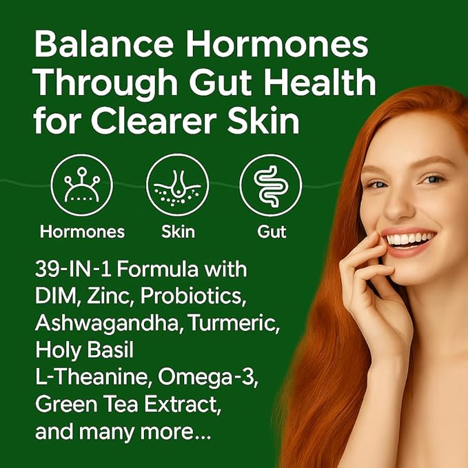 39-in-1 Skin, Gut & Hormone | Cortisol Support – with DIM, Zinc, Probiotics, Ashwagandha, Turmeric & Antioxidants – Clinically-Backed Supplement for Women & Men – Acne, Immune & Detox – 90 Capsules