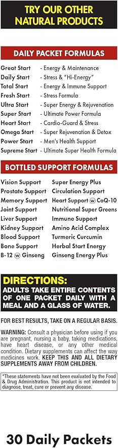 Daily Start Complete Daily Vitamin Pack | 10X Energy & Stamina Booster | Vitamin A, B, C, D, E, B12, Minerals, Ashwagandha, Panax Ginseng, Yerba Mate, Green Tea (30 Packets)