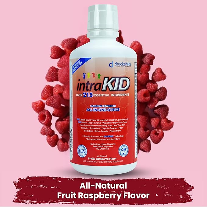 DRUCKER Labs 2.0 Organic Liquid Trace Minerals, Liquid Multivitamin for Kids, Immune Support, Non GMO, Dairy Free, Gluten Free, Magnesium, Vitamin D, C, E, Zinc, (32 oz., Fruity Raspberry)