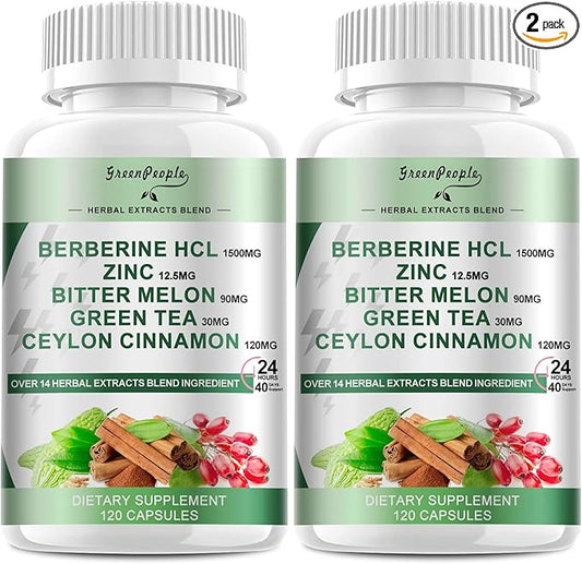 Berberine Supplement with Ceylon Cinnamon - 120 Count Berberine 1500mg Berberine HCL Capsules with Bitter Melon/Artichoke Extracts & Natural Herbs for Immune Support 2 Pack