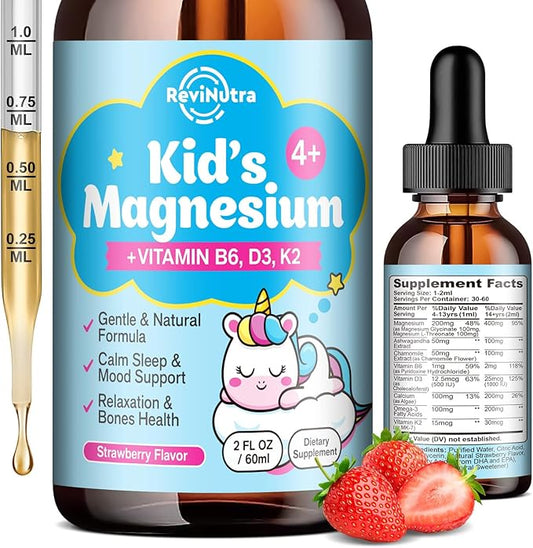Kids Magnesium Glycinate Liquid Drops with L-Threonate, Omega-3, Ashwagandha, Vitamin B6, D3, K2, Calcium & Chamomile - Magnesium Drops for Kids Sleep, Calm, Focus, Brain & Mood - Strawberry Flavor