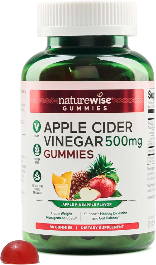 NatureWise Apple Cider Vinegar Gummies - 1000mg ACV per 2 + Vitamin B12 - Pectin Based Vegan, Gluten-Free, Non-GMO -90 Count[45-Day Supply for 1000mg or 3-Months for 500mg]
