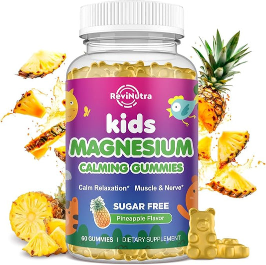 Kids Magnesium Gummies, Magnesium Glycinate, L-Threonate Gummies for Kids & Adults with L-Theanine, Chamomile, Licorice, Vitamin D, B6 for Sleep, Relaxation, Brain & Muscle, Sugar Free Pineapple 60ct
