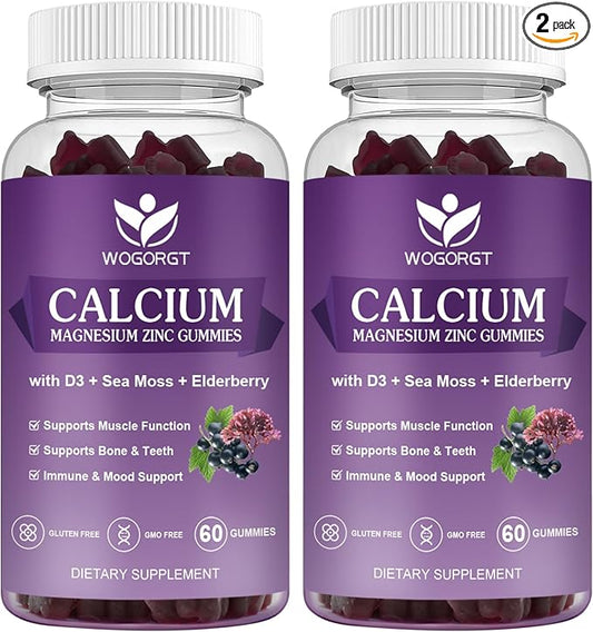 Calcium Magnesium Zinc Gummies with Vitamin D3 - High Absorption Complex Calcium Supplement with Sea Moss, Elderberry for Bone, Muscles, Immune, Mood & Sleep Support, Vegan - 60 Gummies (2 Pack)