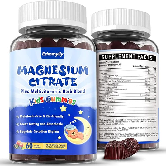 Magnesium Gummies for Kids 4+ - Sugar Free Magnesium Citrate Supplement with L-Theanine, Calcium and Vitamin A, C, D3 & K2 - Supports Zzz, Bone & Muscle