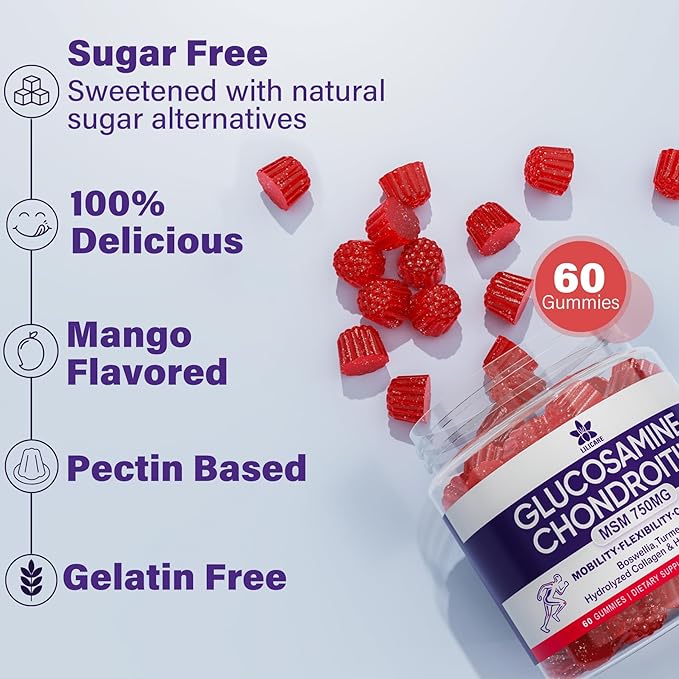 Glucosamine Chondroitin Gummies with MSM, Boswellia Turmeric, Hydrolyzed Collagen & Hyaluronic Acid, Extra Strength Supplement for Mobility, Comfort, Flexibility, Cartilage and Bone Health, 60 Cts