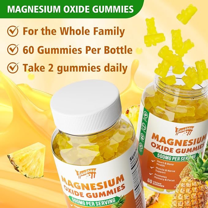 2 Pack Magnesium Oxide 500mg Gummies for Adults & Kids, Supports Nerve Muscle & Bone Health, Vegan Non-GMO Dietary Supplement with Pineapple Flavor, 120 Gummies