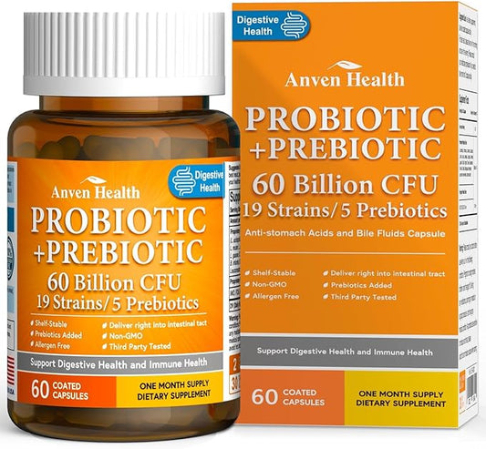 60 Billion Probiotics for Women and Men 19 Strains 5 Organic Prebiotics for Gut Digestive & Immune Health, Supports Diarrhea Gas Bloating, Vegan Probiotic Supplement Formula丨60 Caps