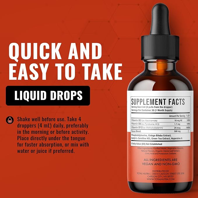 Extra Strength Liquid B12 Vitamin Drops- Vitamins B12, B6, B3- Vegan and Non GMO- Instant Energy, Focus & Metabolism Support with Green Tea, Carnitine & Ginkgo Biloba- Alternative to B Complex Capsule