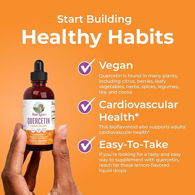 Quercetin Liquid Drops by MaryRuth's | Sugar Free | Liquid Quercetin 500mg for Adults & Kids | Cardiovascular Health for Adults | Bioflavonoid | Vegan | Non-GMO | Gluten Free | 4 Fl Oz