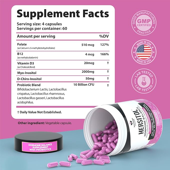 Hormone Balance for Women, PCOS, Ovarian Support, Fertility, Menstrual Cycle | Myo-Inositol & D-Chiro Inositol Supplement 40:1 Ratio With Folic Acid, B12 & Probiotics | Female Vitamins 240 Capsules