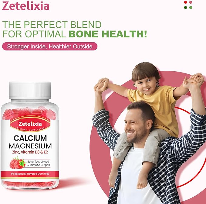 Calcium Magnesium Zinc Gummies with Vitamin D3 & K2, Calcium Gummies for B0nes Muscles, Women & Men, Raspberry Flavor - 120 Count