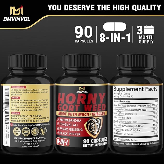 BMVINVOL Horny Goat Weed Capsules with Maca, Ginseng, Tribulus Terrestris, Ashwagandha, Black Pepper - 90 Count for 3 Month Supply