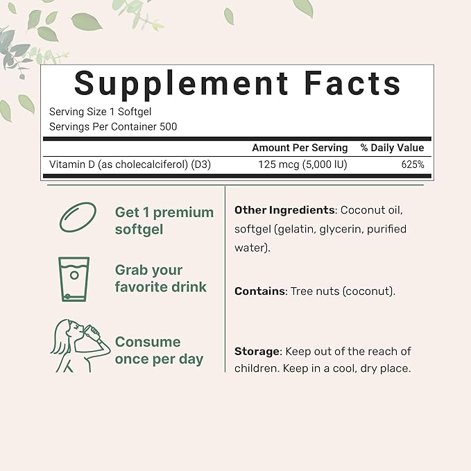 Micro Ingredients Vitamin D3 5,000 IU | 500 Softgels with Virgin Coconut Oil for Better Absorption | Vitamin D as Cholecalciferol | Supports Calcium Absorption, Bone, Immune, & Heart Health