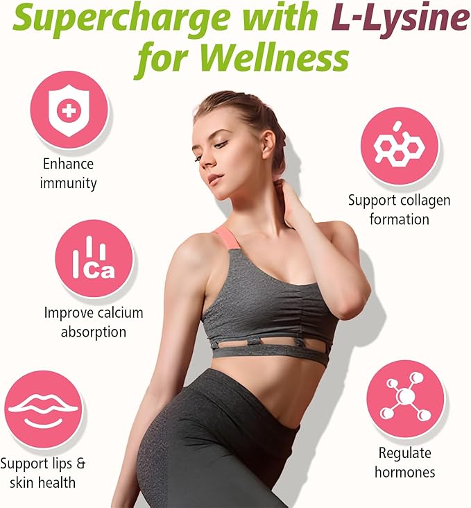 1000mg L-Lysine Gummies, Lysine Gummies Supplement for Adults & Kids, Essential Amino Acid with L-Arginine, L-Glutamine, Vitamin for Lip & Skin, Immune, Calcium Absorption, Strawberry Flavor, 60Ct