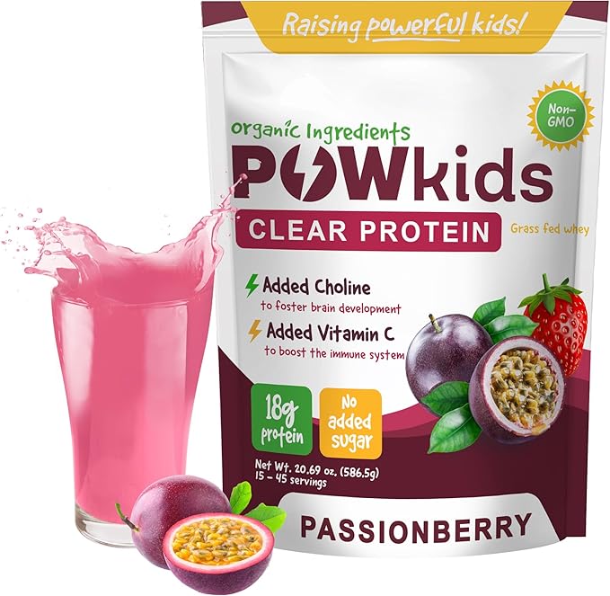 Kids Protein Powder – Zero Sugar, 18g Grass-Fed Whey Proteins, Organic Ingredients – Vitamin C & Choline for Immunity & Brain Development, Teens Shake, 15-45 Servings – Passionberry