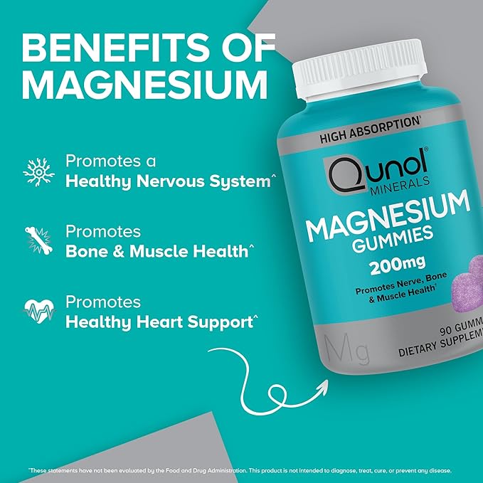 Qunol Magnesium Gummies for Adults, 200mg Elemental Magnesium (from 1,750mg Magnesium Citrate), High Absorption Magnesium Supplement, Supports Nerve, Bone and Muscle Health, Vegetarian, 90 Count